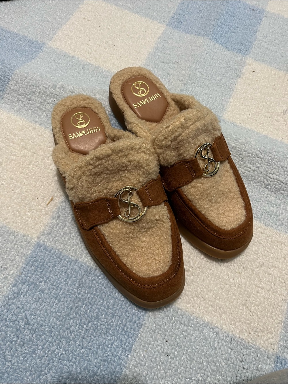 Sam & Libby Tan and Cream Sherpa Mule Loafers